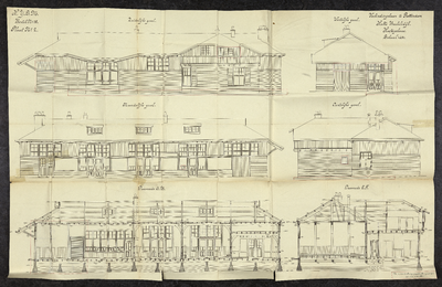 852268 Aanzichten en doorsneden van het hoofdgebouw van de halte Beukelsdijk aan de verbindingsbaan tussen de spoorlijn ...